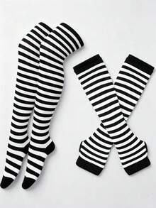 ROMWE Kawaii 1 đôi Sọc Trên tất đầu gối & 1 đôi Găng tay cụt ngón - Đen và trắng - Xem 2