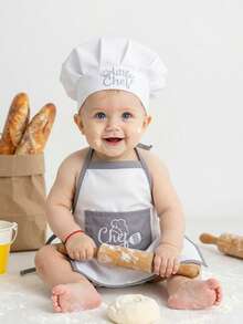SHEIN Newborn Photography Outfits Baby Boy White Chef Hat And Apron Set Infant Photoshoot Props 1 Month And 100 Days Baby Photo Props Fall Winter - Multicolor - View 4
