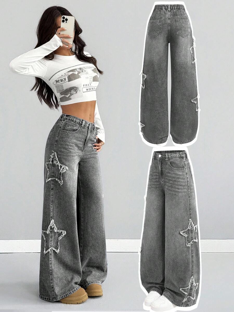 SHEIN Girlism 青少年女孩五角星毛邊拼接口袋寬腿休閒牛仔褲 - 灰色 - 查看 1
