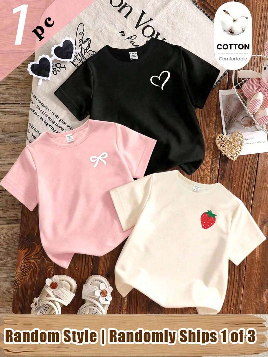 SHEIN (隨機3件,發貨1件)女嬰清新愛心蝴蝶結草莓印花基礎可追溯棉短袖T恤,四季日常穿著,粉色米色黑色 - 黑色 - 查看 1