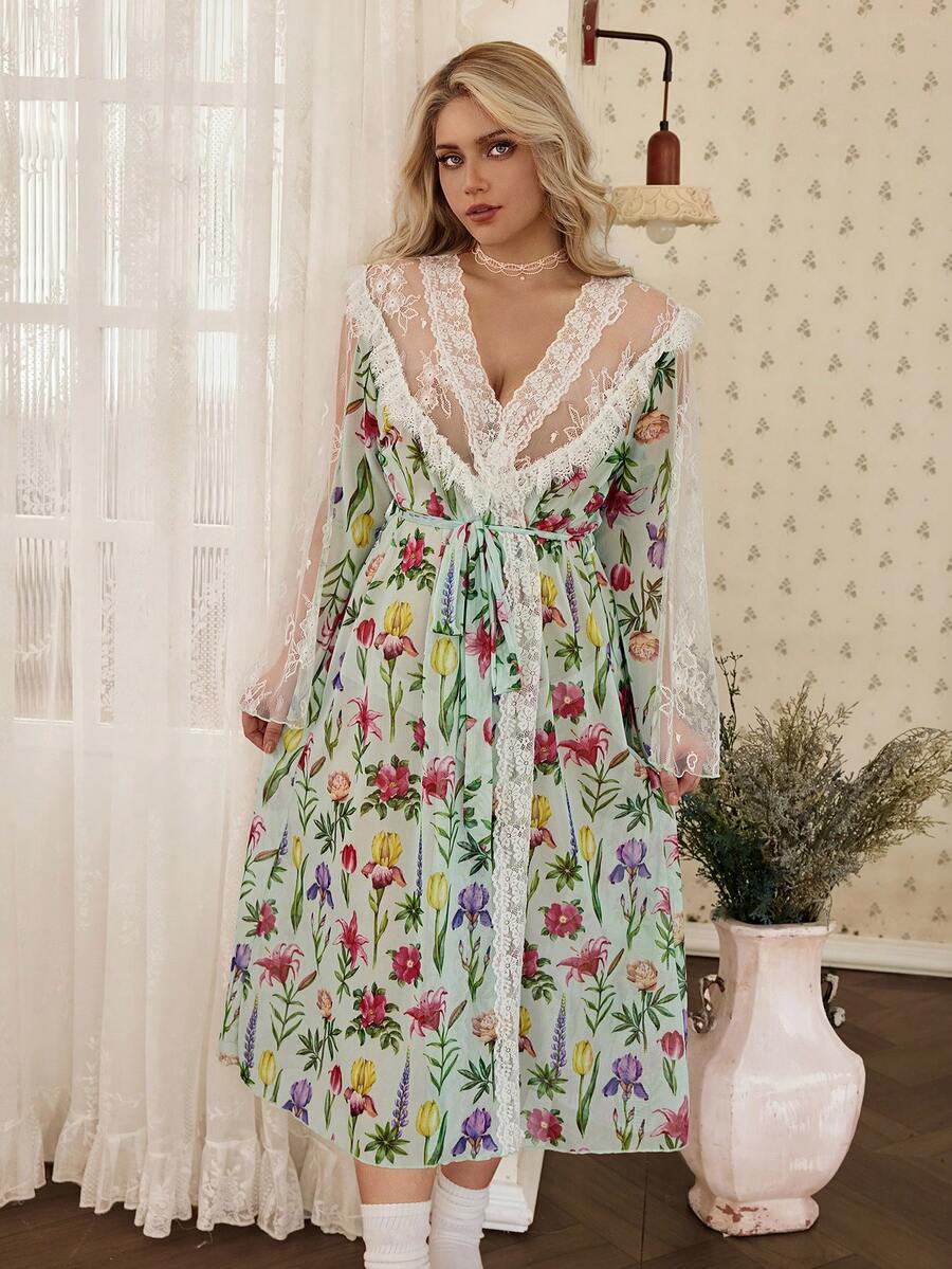 CottageSlumber Mature Style Fresh Floral Mesh Contrast Lace Sexy Plus Size Women Long Nightgown - Multicolor - View 1