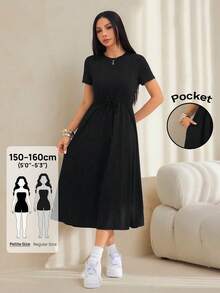 SHEIN PETITE 女款素色圓領百褶休閒派對短袖洋裝 - 黑色 - 查看 1