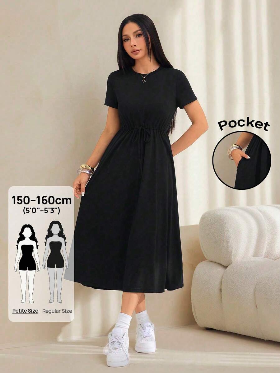 SHEIN PETITE 女款素色圓領百褶休閒派對短袖洋裝 - 黑色 - 查看 1