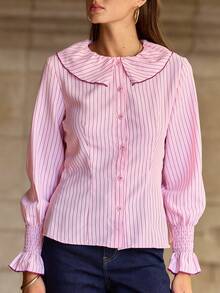 Nöista Blusa de rayas finas rosas con cuello de volantes y costuras de contraste. Estilo de otoño, vuelta al colegio y oficina. - Rosa - Ver 3