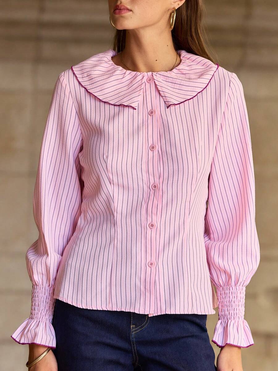 Nöista Pink Pinstripe Blouse With Ruffle Collar And Contrast Stitching. Fall, Back To School And Office Style. - Pink - View 1