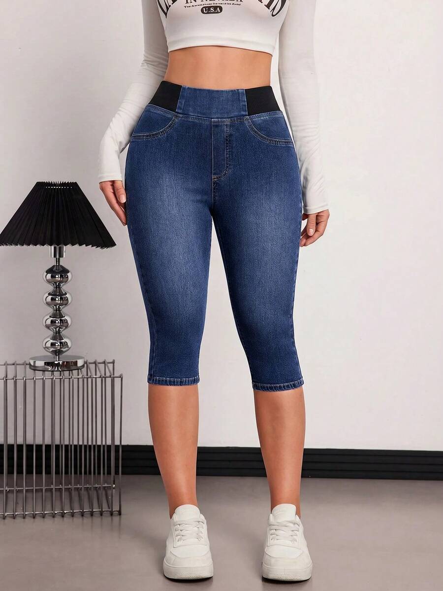 Tween Girl Girls' Dark Blue Denim Stretch Skinny Capri Pants Fall Winter Halloween Y2k Graduation Back To School - Medium Wash - View 1