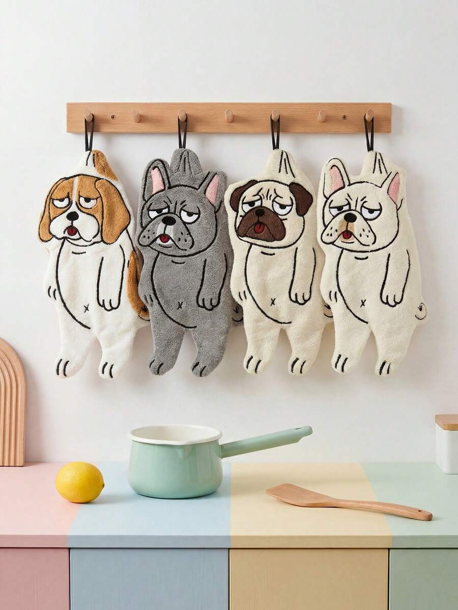 1pc/4pcs Bathroom Hand Towel, New Creative Dog Design Hand Towel, Can Be Hung In Bathroom, Kitchen, Dining Room And Other Furniture, Made Of Coral Fleece Absorbent Fabric, Suitable For Kitchen Cleaning, Approx. 40cm Long - Multicolor - View 1