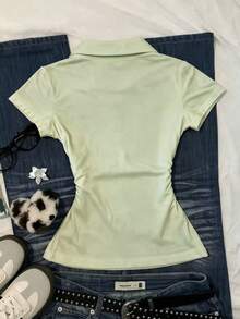 IslaSuriya 女款 POLO 領修身 T 恤，休閒極簡優雅風，適合日常休閒穿著，短袖上衣，夏季新款時尚上衣，花卉圖案 T 恤上衣 - 彩色 - 查看 2