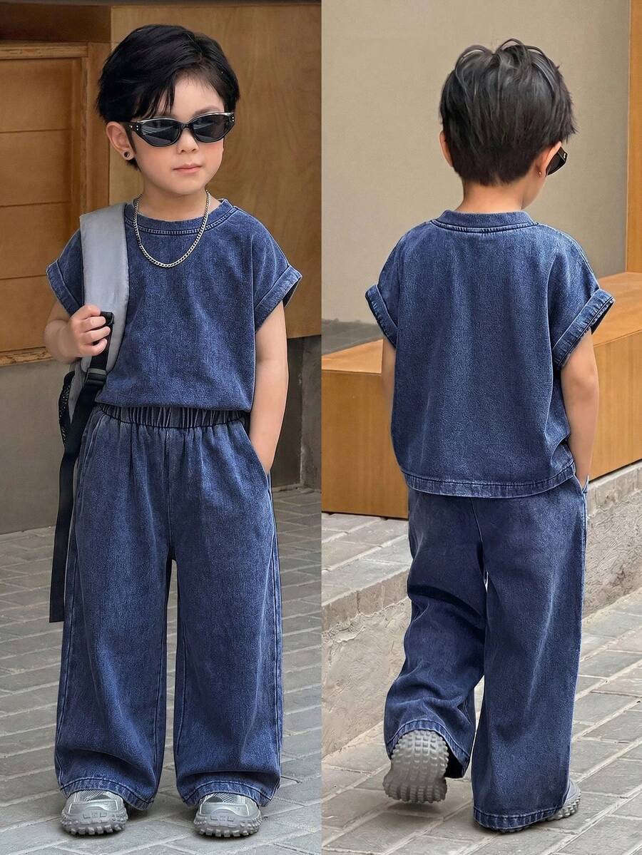 SHEIN Little Byeori 男童深灰色針織丹寧寬鬆短袖上衣與長褲兩件套 - 深色水洗藍 - 查看 1