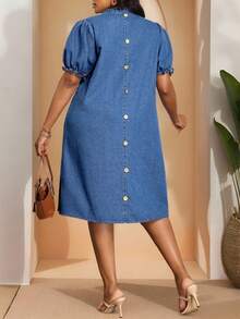 SHEIN EMERY ROSE CURVE 大尺碼牛仔洋裝 休閒寬鬆短袖 藍色 - 中等水洗藍 - 查看 3