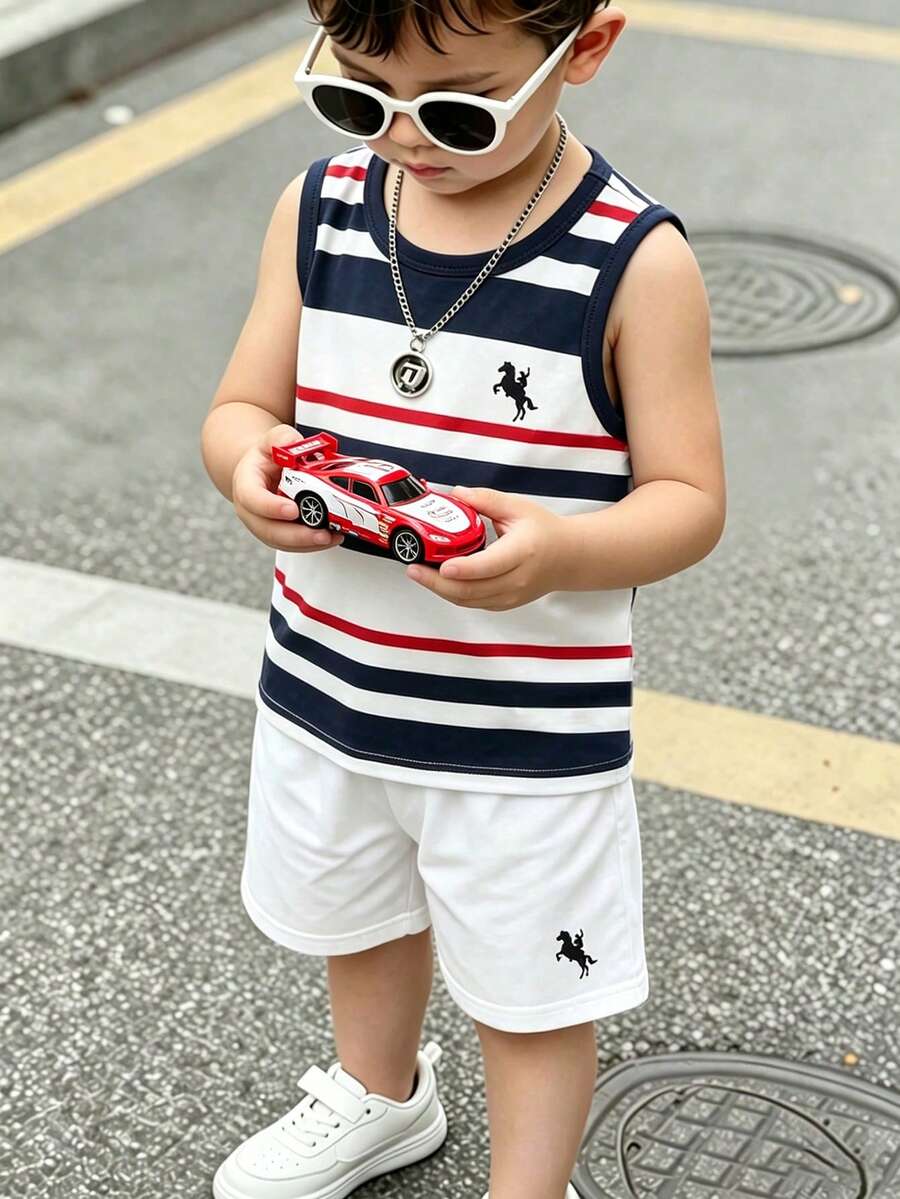 SHEIN Playful Pals 2件/套 小男孩休閒衝浪板 & 棕櫚樹圖案柔軟無袖背心與短褲套裝,適合夏季日常休閒穿著、度假海灘假期 - 彩色 - 查看 1