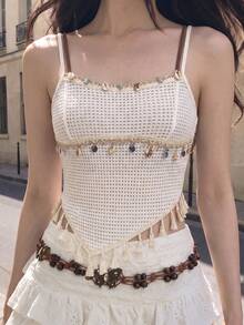 SHEIN MOD Summer Contrast Fringe Hem Bohemian Cami Top, Vacation Country Music Festival Wear, Going Out - Multicolor - View 6