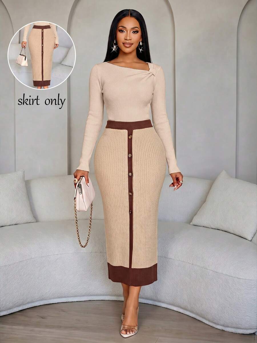 SOLERSUN Women's Elegant Casual Color-Block Trim Skirt With Button Detail