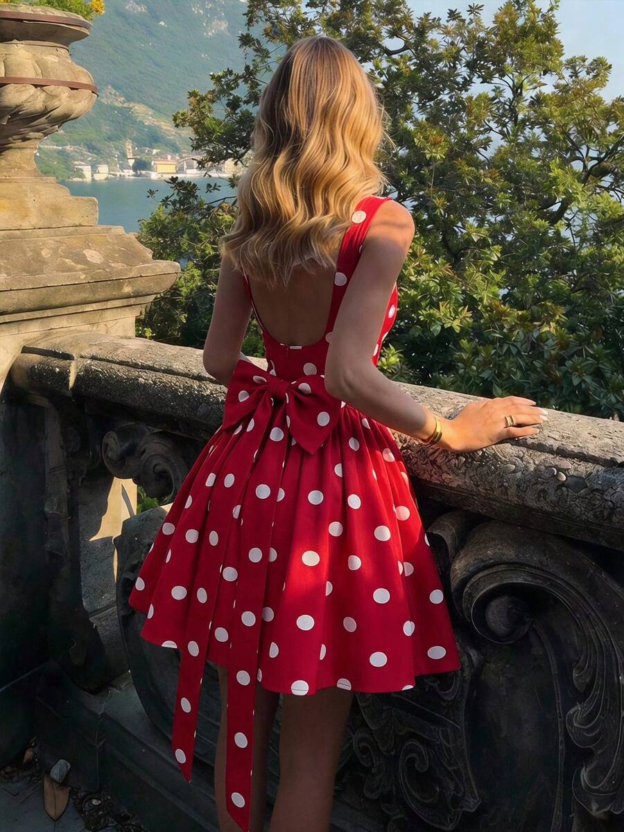 SHEIN MOD 女款甜美法式波點印花百褶洋裝 - 紅色 - View 1