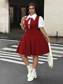 Mawevolt Plus Size Women's Solid Color Petal Sleeve Single-Breasted Top And Tie-Front Design Dress Fashion Set - Burgundy - View 3