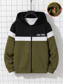 SHEIN 大童男孩休閒舒適拼接連帽字母圖案運動衫外套，適合春夏秋冬，適合戶外玩耍、學校、街頭風格、派對與居家休閒，高 CP 值 - 軍綠色 - 查看 3