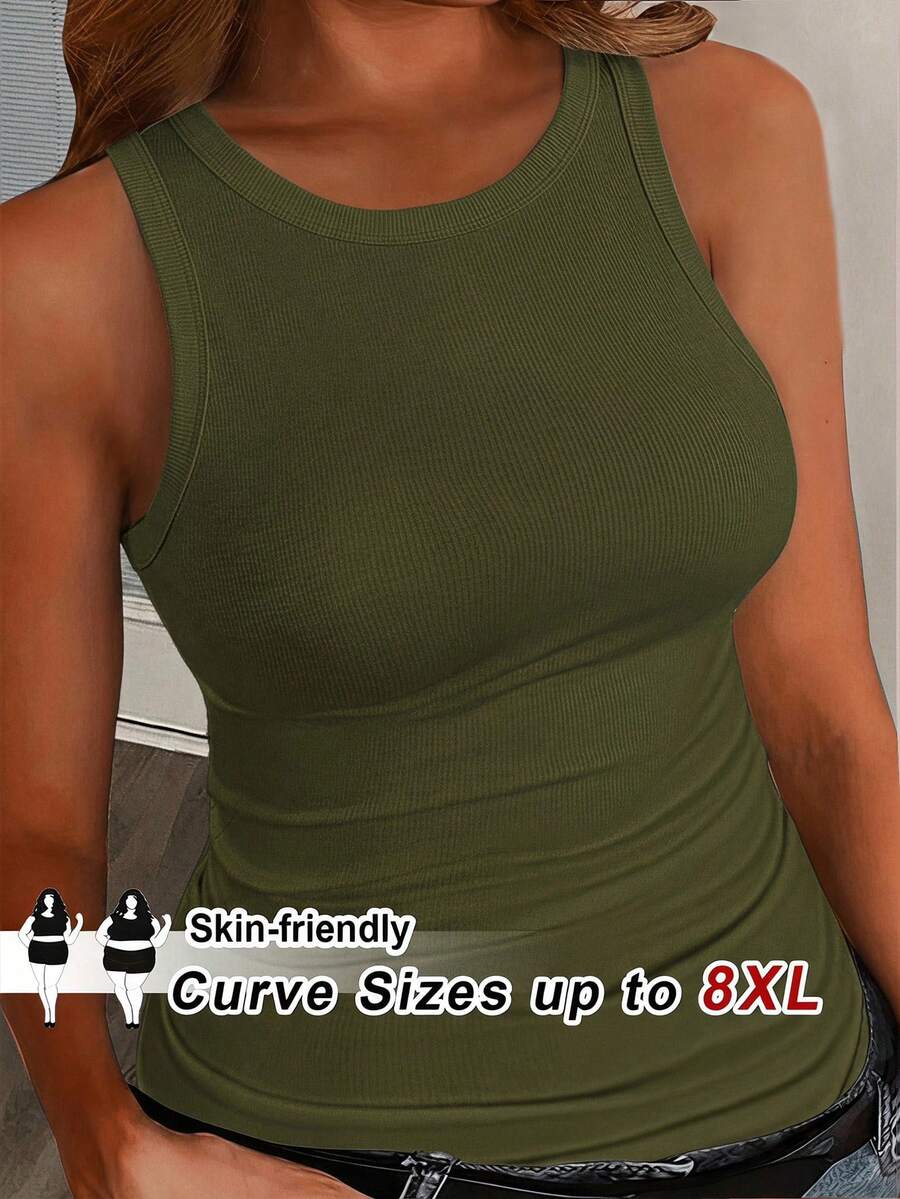 SHEIN CURVE+ 大码女式休闲基础款修身白色露肩背心,夏季舒适面料 - 軍綠色 - 查看 1
