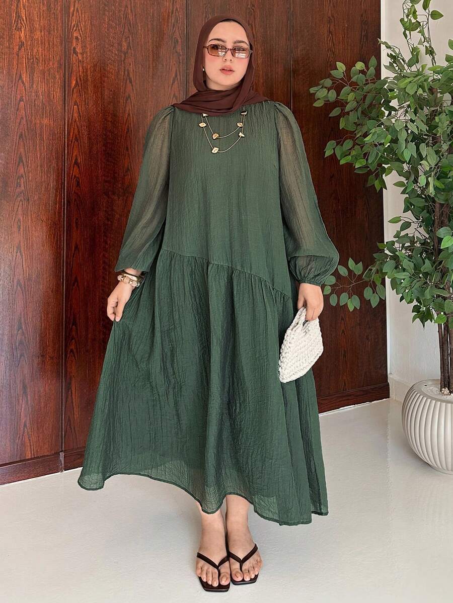 Solavon Gaun Kasual Lipit Hijau Ukuran Plus untuk Wanita, Cocok untuk Musim Panas dan Musim Gugur. - Hijau Tentara - View 1