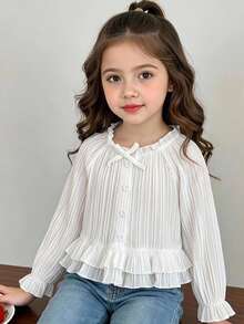 Elladie kids 返校季 1件裝 少女款荷葉邊立領百褶長袖襯衫 休閒春秋軟質女童上衣 - 白色 - 查看 3