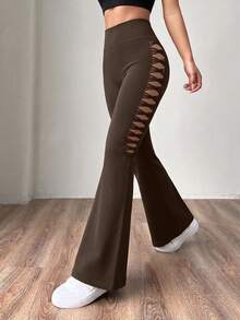 SHEIN Sports Women's Solid Color High Waist Ruched Hip Flared Butt Lifting Leggings - Brown - View 4