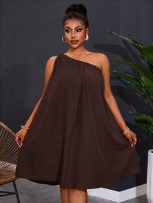 Slaydiva Plus Size Women's One Shoulder Sleeveless Solid Color Wide Leg Dress - Rust Brown - View 1