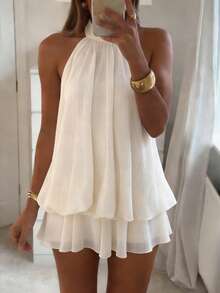 Avenya Halter Neck Tie Back Open Back Sexy Ruffle Mini Dress, Party Dress, Wedding Guest Outfit, Night Out, Birthday Party - Apricot - View 2