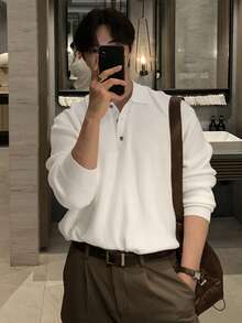 DAZY Men's Long Sleeve Solid Color Polo Collar Ribbed Hem Commuter Sweater Fall - White - View 1