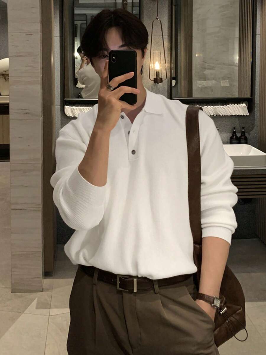 DAZY Men's Long Sleeve Solid Color Polo Collar Ribbed Hem Commuter Sweater Fall - White - View 1