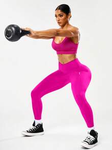 Easithlete Easithlete 女款字母印花休閒百搭日常旅行運動緊身內搭褲 - 玫紅色 - 查看 5