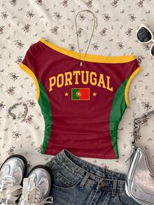 Teen Girls Casual Portugal-Flag One Tight Asymmetric Ruched Cropped Top, Suitable For Spring/Summer, Personalized Outfit, Daily Wear, World Cup, Jersey-Style, Streetwear, Game Day - Multicolor - View 7