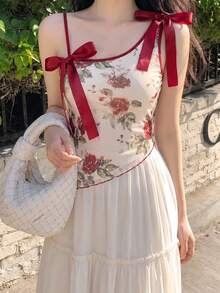 SHEIN MOD Retro Floral Print Women's Asymmetric Strap Bow Decor Cami Camisole Top - Burgundy - View 4