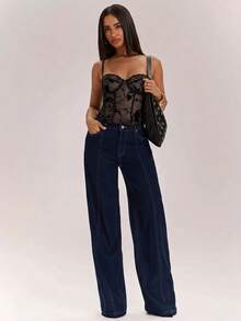 SHEIN BAE 女款夏季性感透視花卉植絨網紗細肩帶背心 - 黑色 - 查看 7