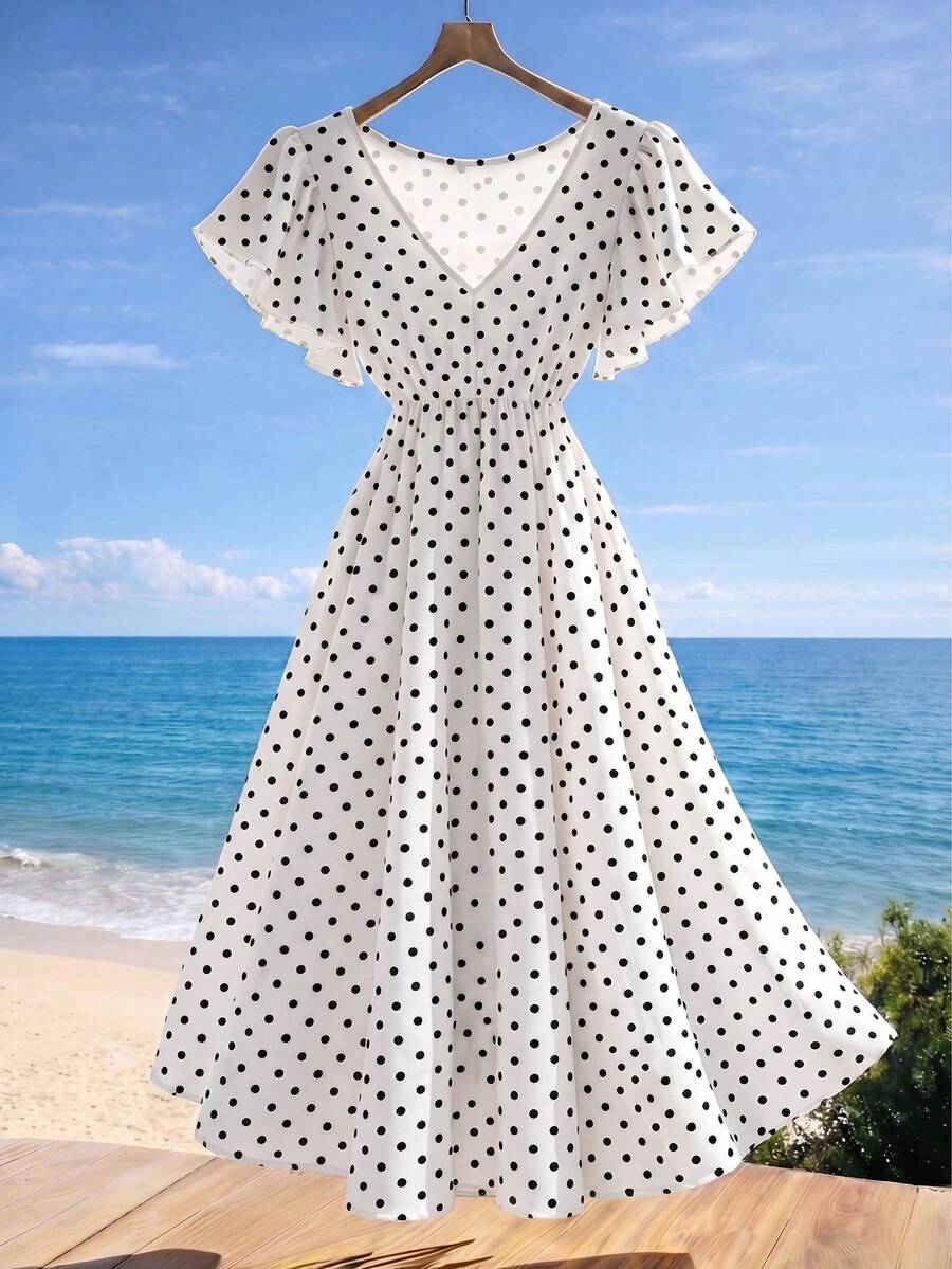 GlowEve CURVE Plus Size V-Neck Ruffle Sleeve Polka Dot Dress - White - View 1