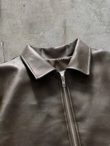 AXEPEAK Men's PU Leather Jacket With Lapel Collar, Long Sleeves And Zipper Front - Brown - View 3