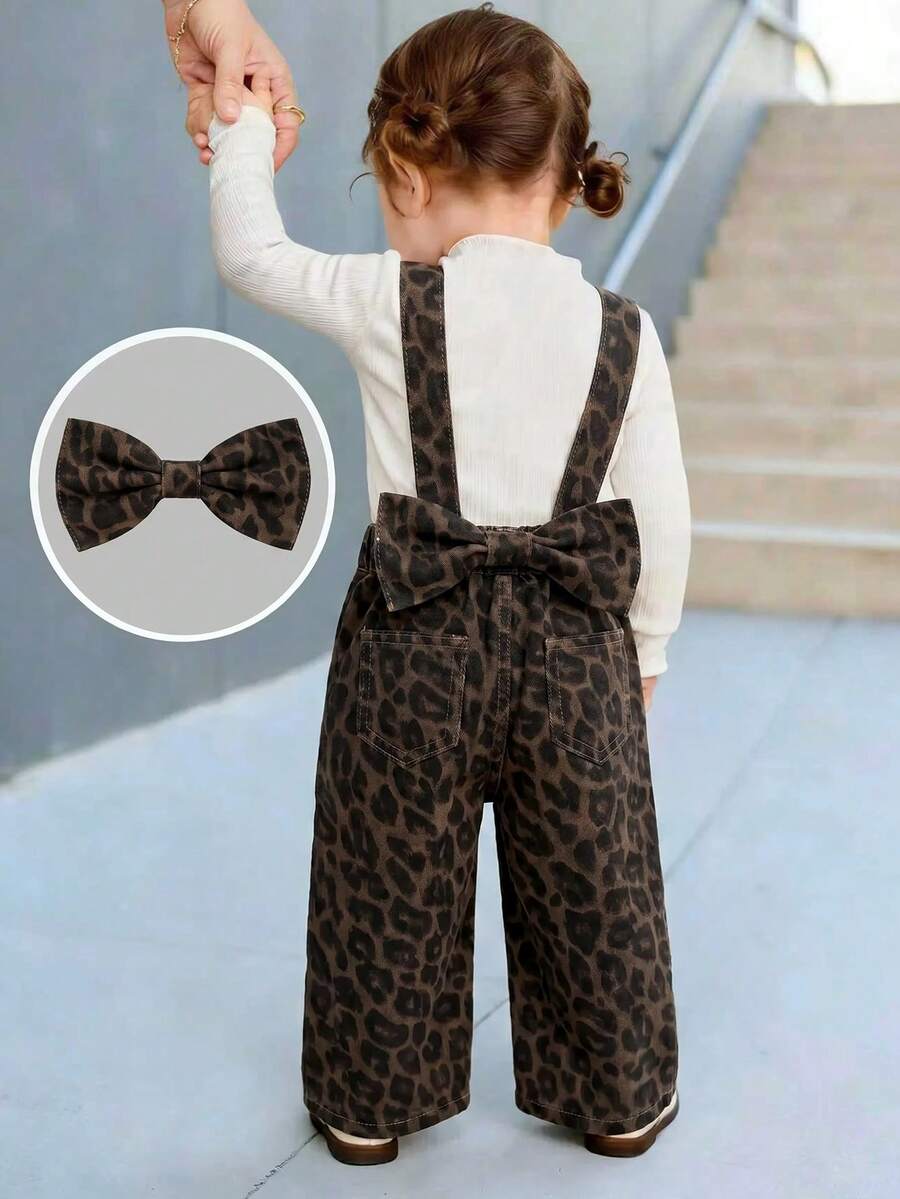 Bubblio 女嬰牛紋牛仔寬鬆吊帶褲,腰後附3D大蝴蝶結 - 彩色 - 查看 1