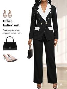 Fleurora Women's Colorblock Lapel NeckLong Sleeve Double-Breasted Jacket And Pants Elegant Suit Set - Black and White - View 8