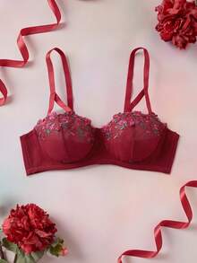 Elorette 1pc Plus Size Mesh Embroidered Underwire Bra - Burgundy - View 1