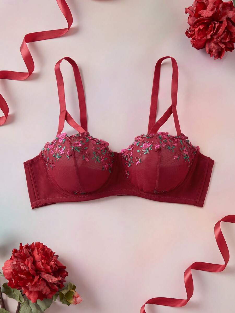 Elorette 1pc Plus Size Mesh Embroidered Underwire Bra - Burgundy - View 1