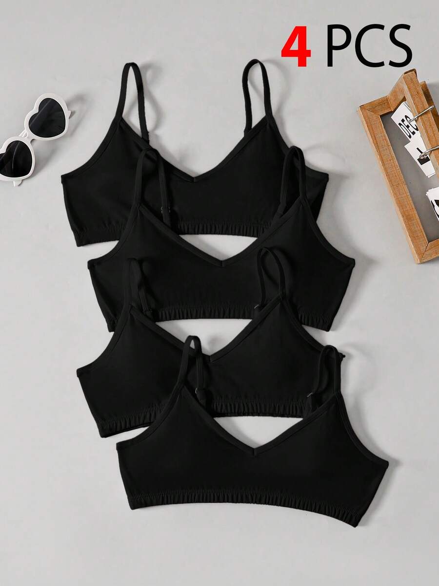 SHEIN 青少年女孩 3件組 白色粉色黑色 簡約基礎舒適 抓皺加厚無肩帶胸罩,兒童女孩內衣 - 黑色 - 查看 1