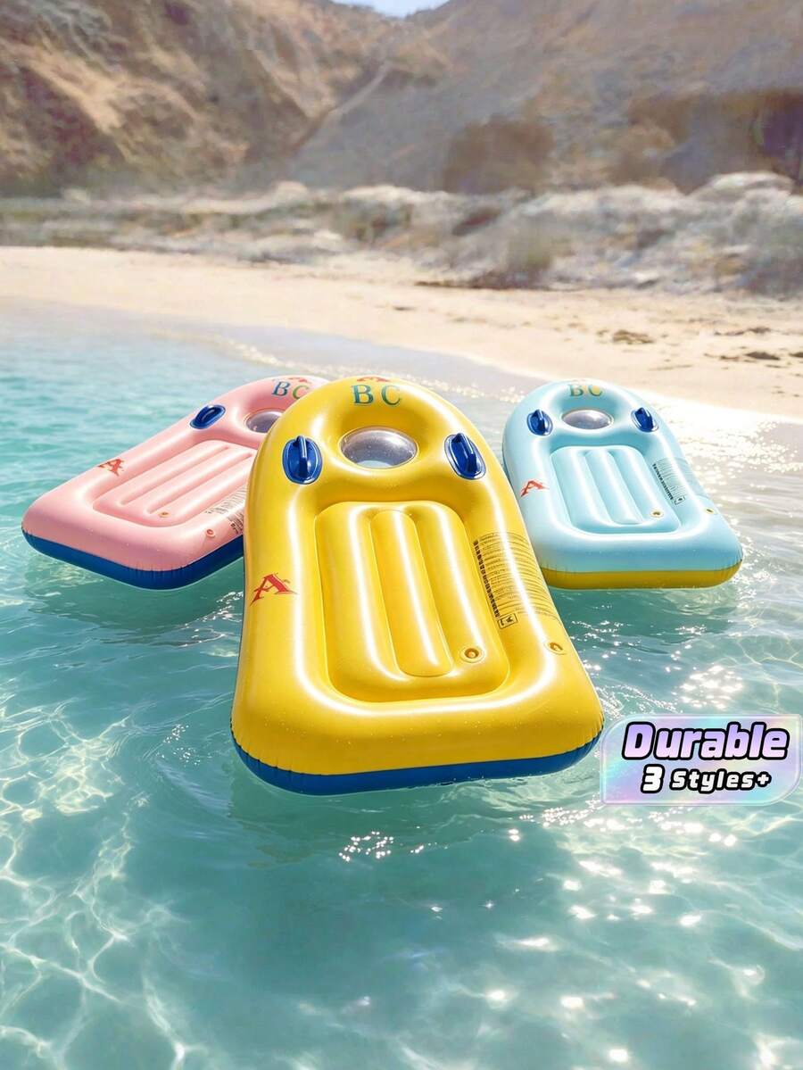 Inflatable Water Floating Bed Made Of Thickened PVC With Handles; Classic Simple Inflatable Pool Floats With Letter Prints In Yellow, Pink And Blue, Suitable As Floating Boards And Rafts For Outdoor Pools, Beaches And Water Parties - multicolor - View 1