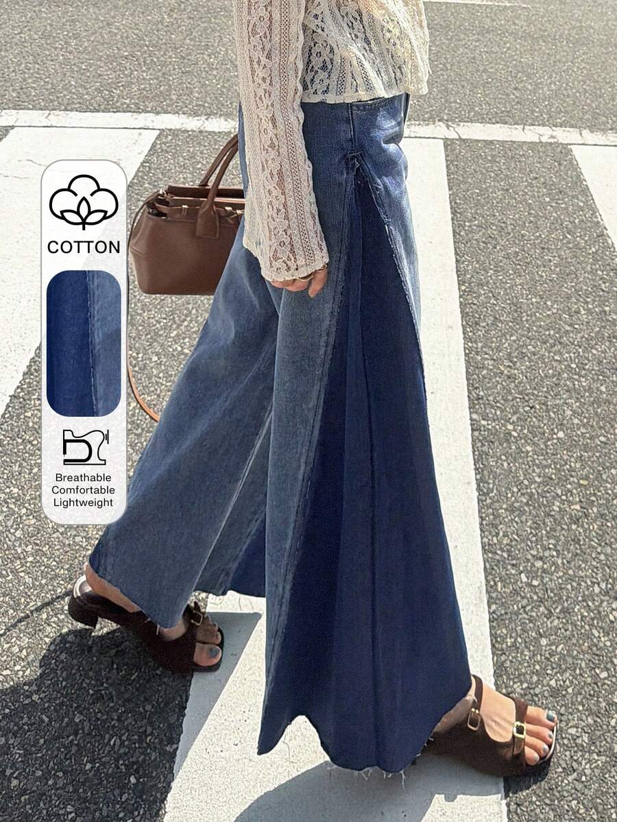 FRIFUL Celana Jeans Denim Wanita Kasual Serbaguna untuk Pemakaian Sehari-hari, Potongan Lebar, dengan Saku dan Kancing - Biru - View 1