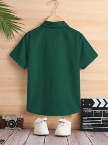 SHEIN Kemeja Lengan Pendek Berlipit Kancing Tunggal untuk Remaja Laki-Laki, Cocok untuk Acara Santai. - Hijau - View 2