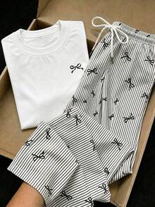 Comfortcana 2pcs Set Embroidered Round Neck Short Sleeve Top And Striped Print Pants, Casual,Summer Outfits For Women - Black - View 1
