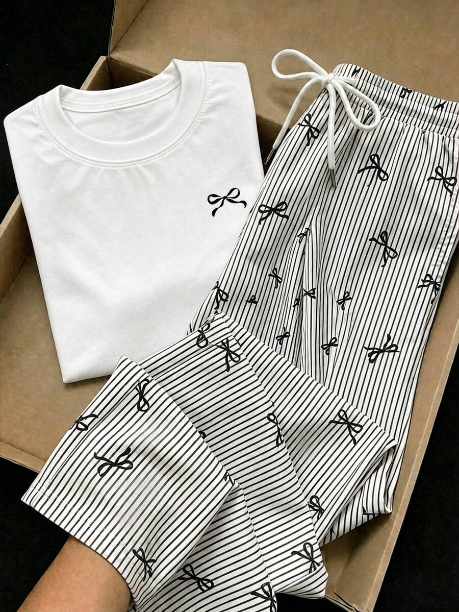 Comfortcana 2pcs Set Embroidered Round Neck Short Sleeve Top And Striped Print Pants, Casual,Summer Outfits For Women - Black - View 1