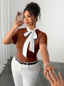 Elenzga Plus Size Women's Summer White & Brown Colorblock Bowknot Ribbon Shoulder Slimming Elegant Exquisite Short Sleeve T-Shirt. Suitable For Daily Casual Commute. Dating - Rust Brown - View 4