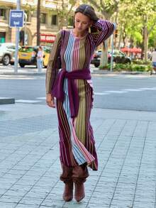 Nöista Multicolor Ribbed Knit Long Dress, Crew Neck, Long Sleeves, Elegant, Casual Chic. Office, Dinner Date, Weekned,  Fall, Autumn, Winter Outfit.. - Multicolor - View 1