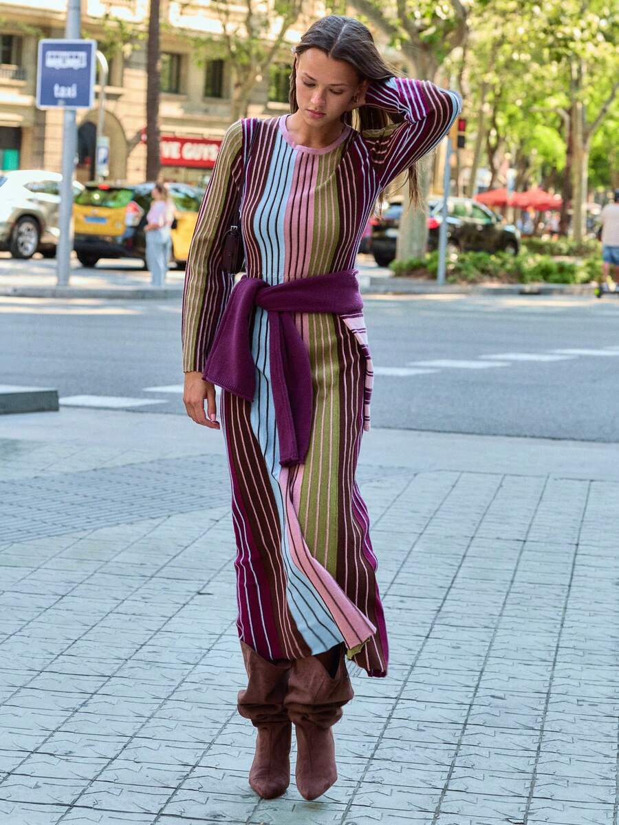 Nöista Multicolor Ribbed Knit Long Dress, Crew Neck, Long Sleeves, Elegant, Casual Chic. Office, Dinner Date, Weekned, Fall, Autumn, Winter Outfit.. - Multicolor - View 1
