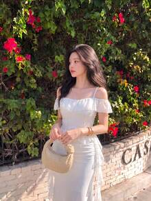 SHEIN MOD White Off-Shoulder Romantic Vintage Blouse With Ruffled Hem For Women Graduation Concert Women White Top - White - View 4