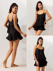 LUVLETTE Summer Sweet Women's Black Elegant Airy Two-Piece Set - Double-Layered Ruffles & Button Front Breezy Refined Home Wear - Black - View 3