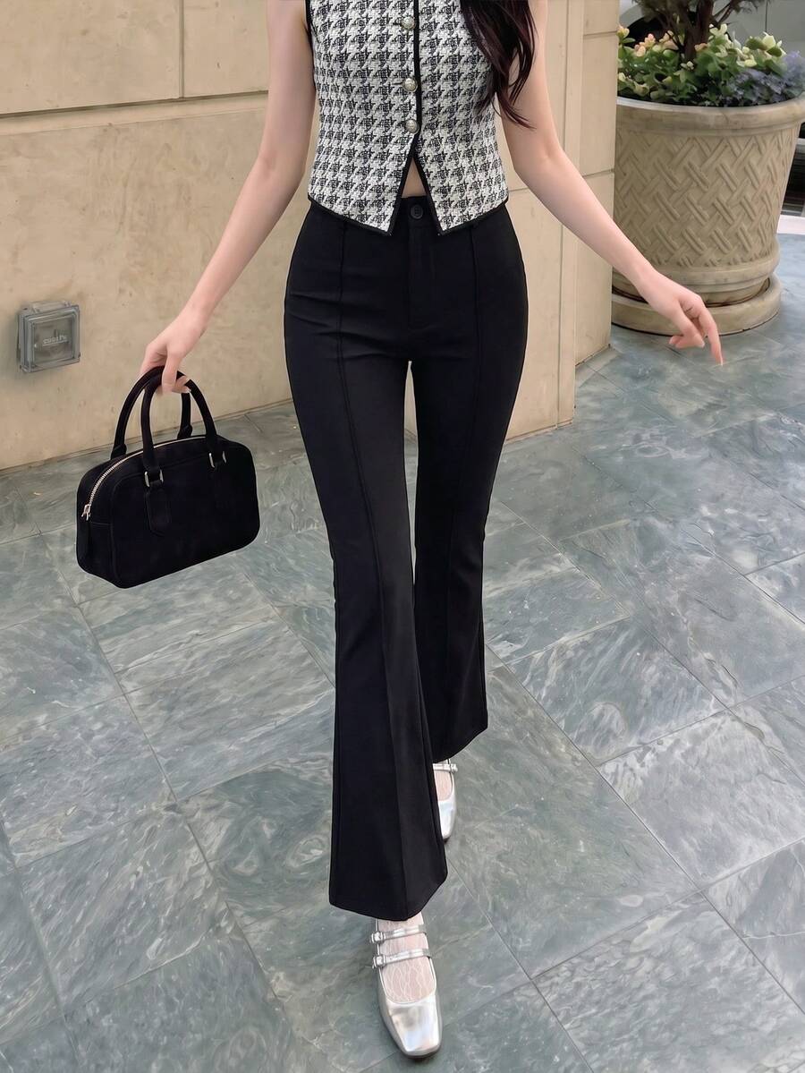 SHEIN MOD High Waist Seam Detail Flare Leg Petite Bell Bottoms Black Pants - Black - View 1